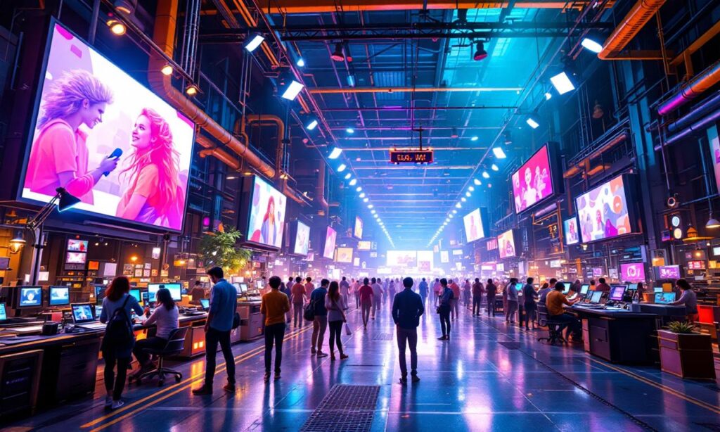 A busy content factory with diverse creators producing digital content in a high-tech environment.